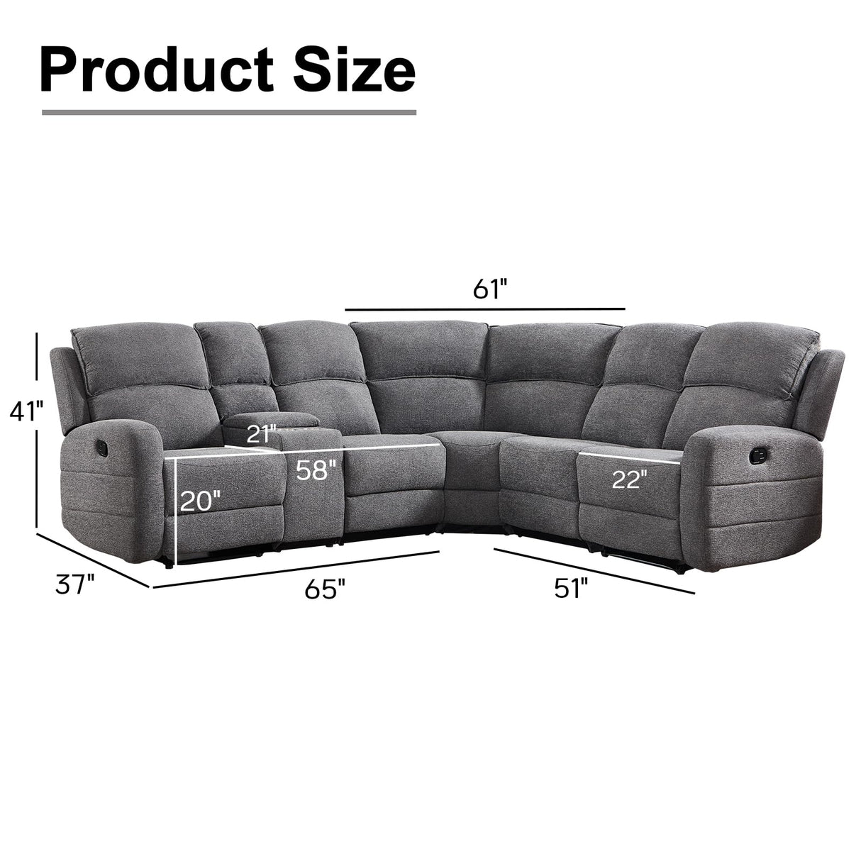 EBELLO Fabric L-Shaped Reclining Sectional Sofa Couch for Living Room, Manual Recliner Oversized Sofa, with Padded Headrest, 2 Cup Holders, Storage Space, 5-Seater Home Furniture Set, Grey EBELLO