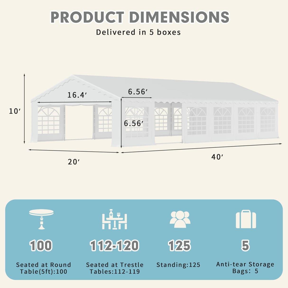 EROMMY 20x40ft Party Tent, Outdoor Wedding Tent, Heavy Duty Large Canopy Carport with Removable Sidewalls, 2 Roll-up Doors, 5 Storage Bags, Gazebo Shelter Tent for Party Event Commercials, White EROMMY