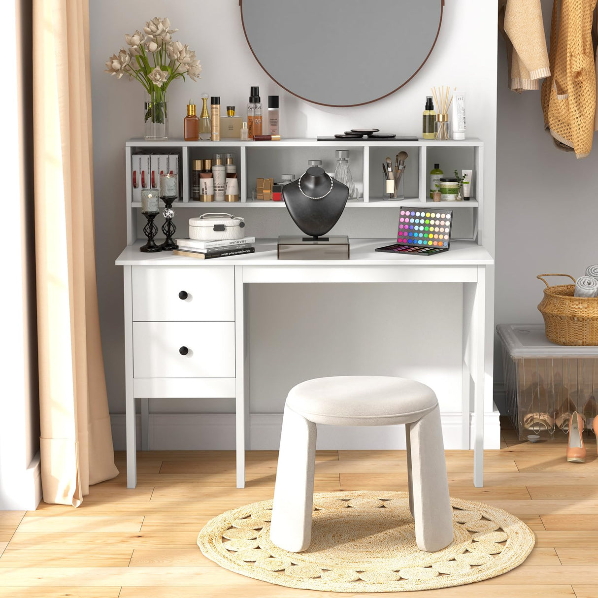 Giantex White Desk with Drawers & Hutch, Home Office Desk with Charging Station, 5 Storage Cubbies, Makeup Vanity Table, Modern Study Writing Desk, PC Laptop Desks, Computer Workstation for Bedroom Giantex