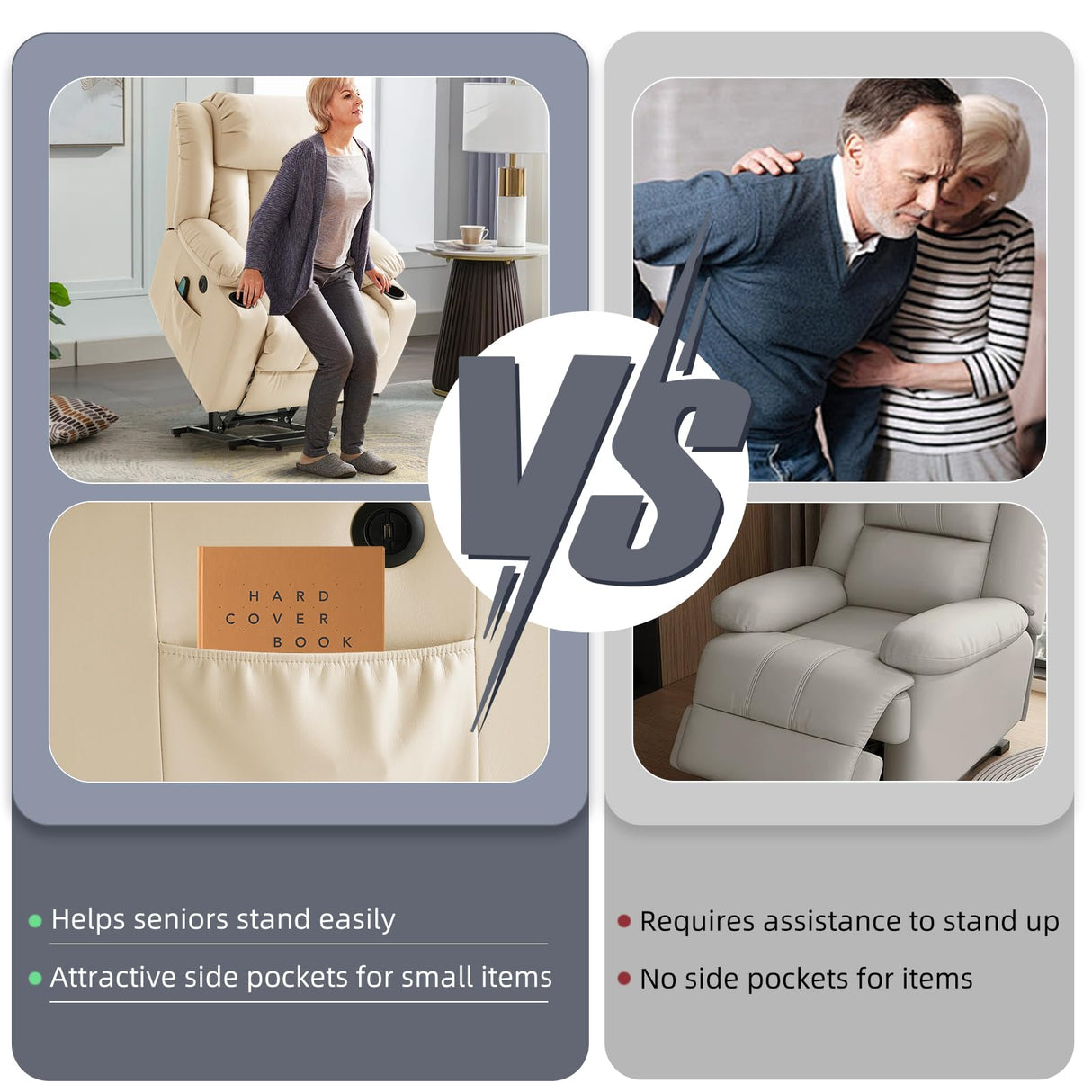 RESTREAL Power Lift Recliner Chair for Elderly, Electric Recliner Chairs for Adults with Massage and Heat, Cup Holders, Remote Control, USB Ports, Side Pockets, Leather (Beige) RESTREAL