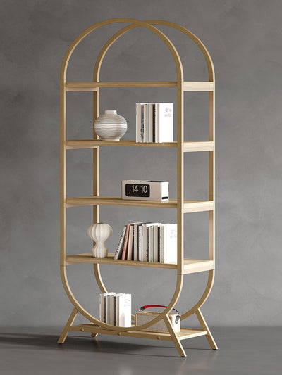 Kogven Bookshelf Arched Bookcase, Industrial 5 Tier Open Book Shelves with Metal Frame, 72" Tall Freestanding Display Rack for Home Office, Living Room,Nature Wood and Gold