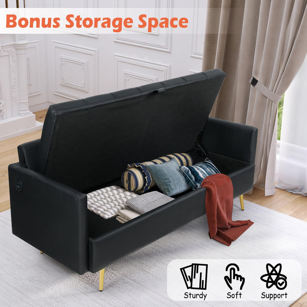 LINLUX 60" W Black Leather Couch with Storage, Loveseat Sofa Couches for Living Room, Bedroom, Office, Dorm, Comfy Cushion, 2 USB Charging Ports LINLUX