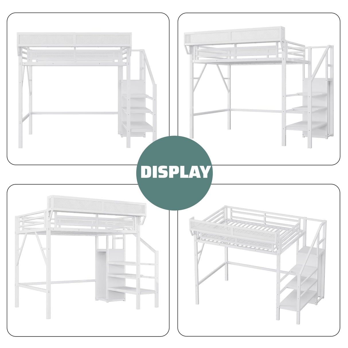 MoproBeti Twin Size Loft Bed with Stairs, Metal Loft Beds Twin with Storage Shelves, Adults Loft Bed with Wardrobe, Heavy Duty High Lofted Bed for Kids Teens,White + White Stair MoproBeti