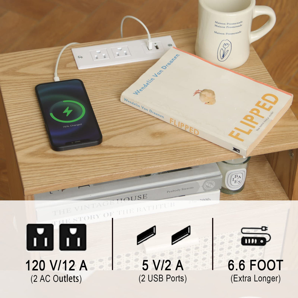 MaxSmeo Bedside Table, Small Nightstand with Charging Station, Rattan Side Table Small Wood End Table for Living Room, Bedroom and Small Spaces, Mid Century Modern Nightstand, Easy Assembly (Natural) MaxSmeo