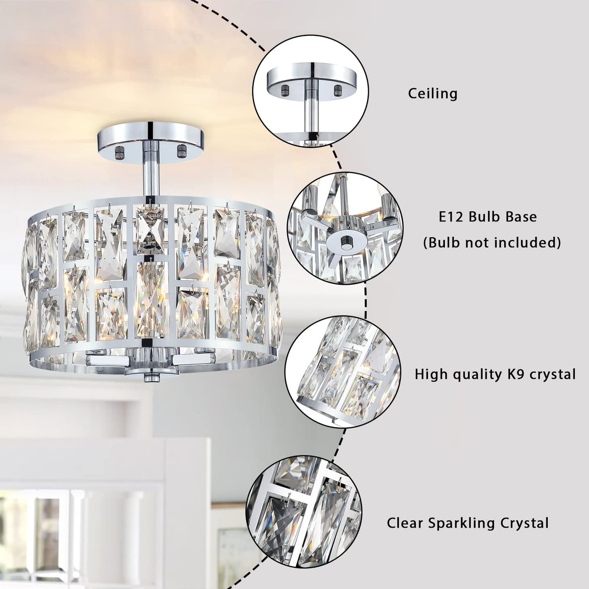 MEXO Farmhouse Crystal Round Semi Flush Mount Modern Close to Ceiling Light Fixture, Cylinder Drum Shade Ceiling Lights 3LT Ceiling Lamp for Kitchen Island Dinning Room Bedroom MEXO