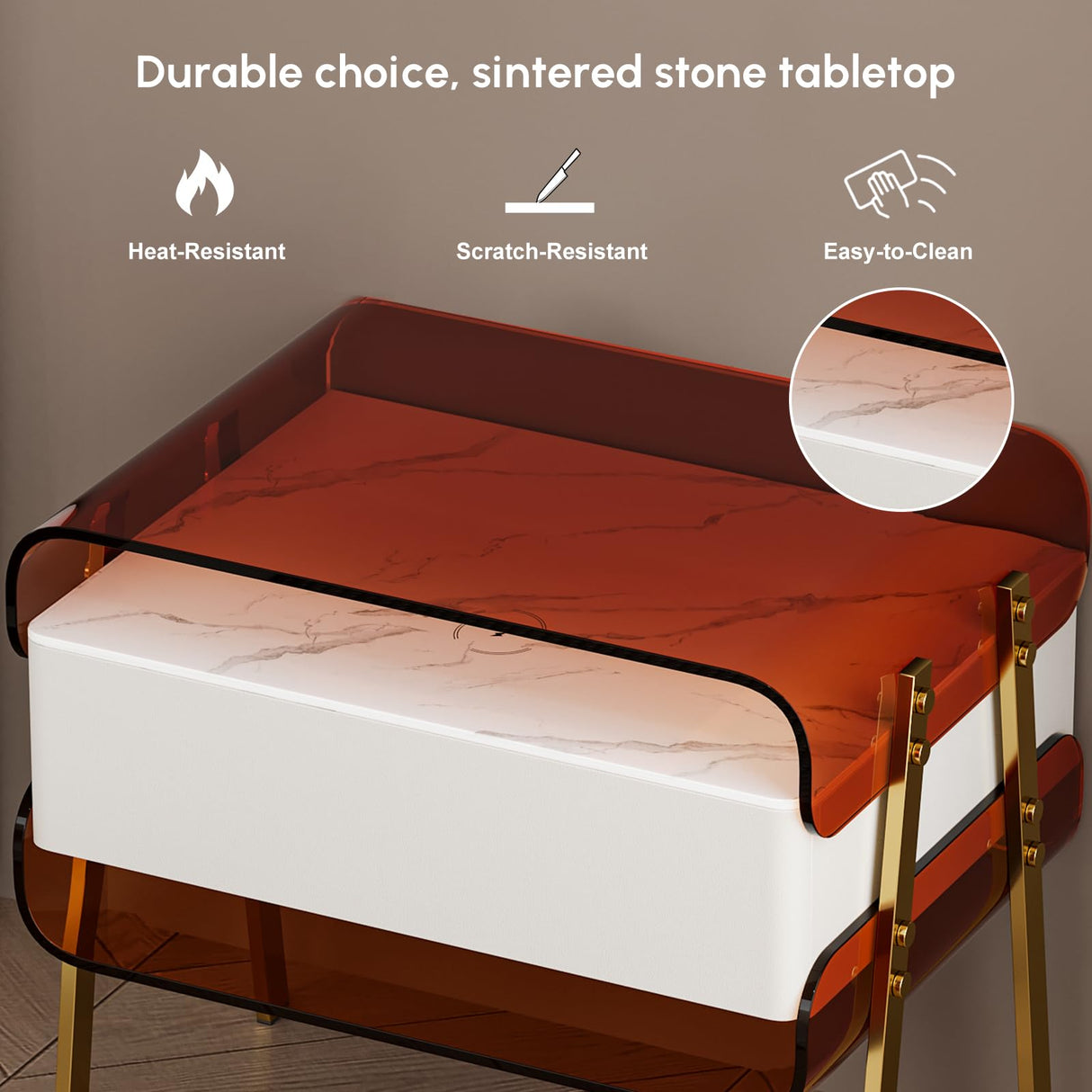 homary Modern Lighted Nightstand with Wireless Charging Station, Acrylic Shelves and Motion Sensor LED – Smart Bedside Table with Leather Drawer and Stainless Steel Legs homary