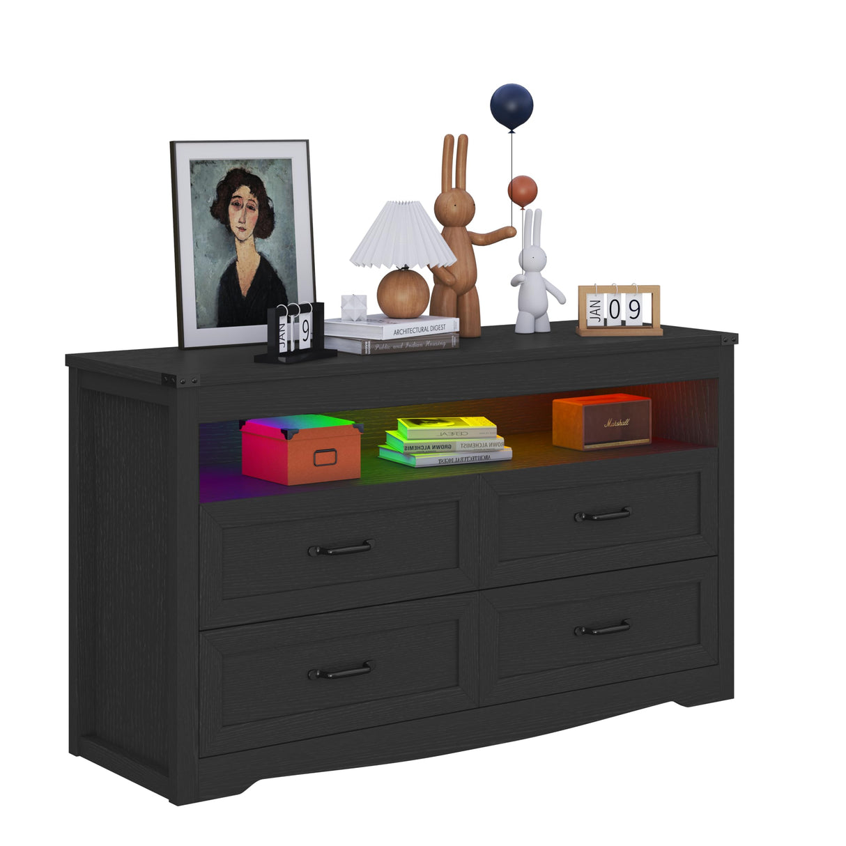 METOTI Black Dresser for Bedroom with 4 Drawers, Dresser and Chest of Drawers with LED Lights for Up to 60-inch TV, for Living Room, Entryway, Hallway(Black) METOTI