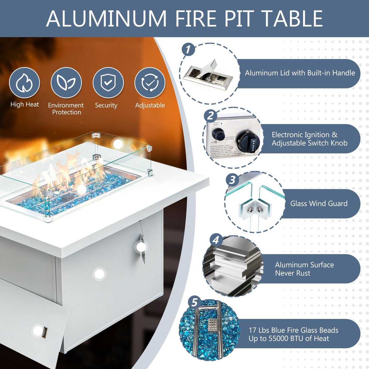 RADIATA 9 Pieces Aluminum Patio Furniture Set with Fire Pit Table, Morden Outdoor Sectional Sofa, Large Conversation Seat with Thick Cushion for Garden Backyard Deck Porch (White) RADIATA