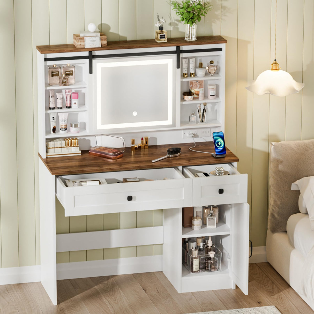 CLLASOU Farmhouse Makeup Vanity Desk with Sliding Mirror and Lights, Vanity Table with 2 Drawers & Shelves, Rustic Vanity Set with Lights Adjustable Brightness for Bedroom, White CLLASOU