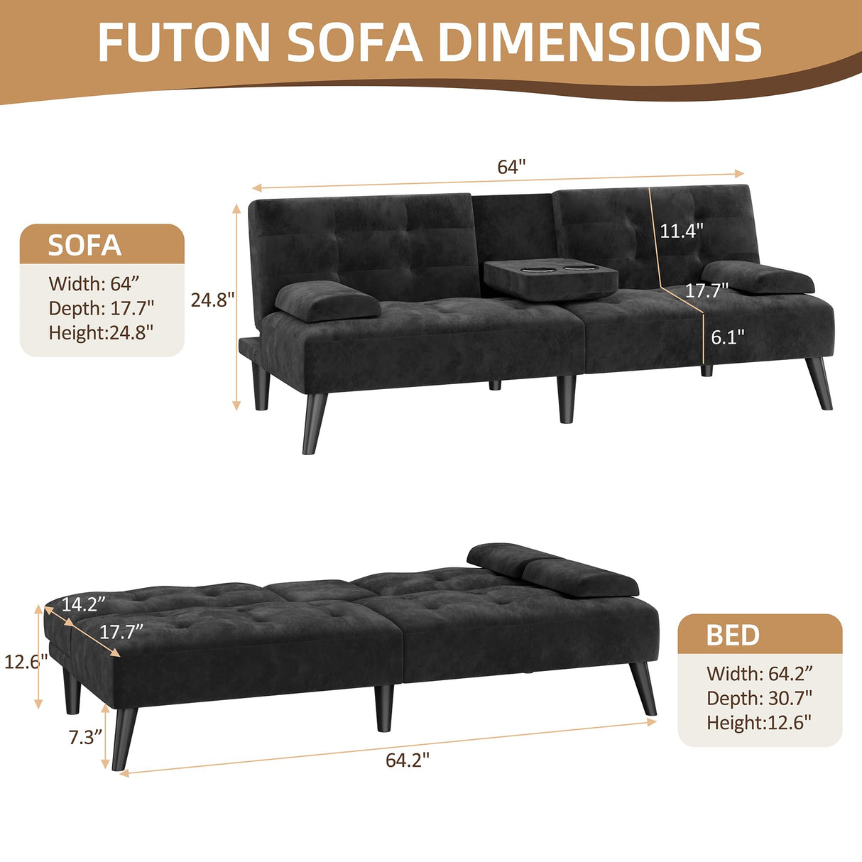 Shintenchi Futon Sofa Bed, Velvet Foldable Couch Reclining Sleeper w/Removable Armrests, Upholstered Loveseat w/Folding Cup Holders for Home, Office, Black Shintenchi