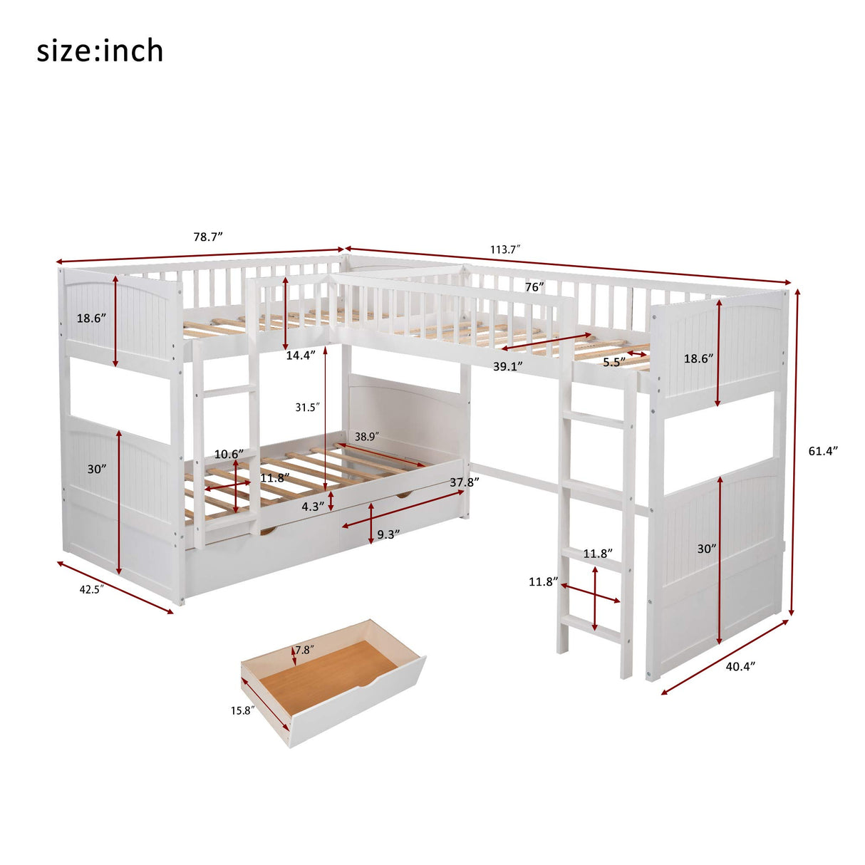 Merax L Shaped Solid Wood Bunk Bed, Twin Over Twin Over Twin Bed with 2 Drawers and 2 Ladders, Twin Size Bunk Bed with a Loft Bed Attached, White Merax