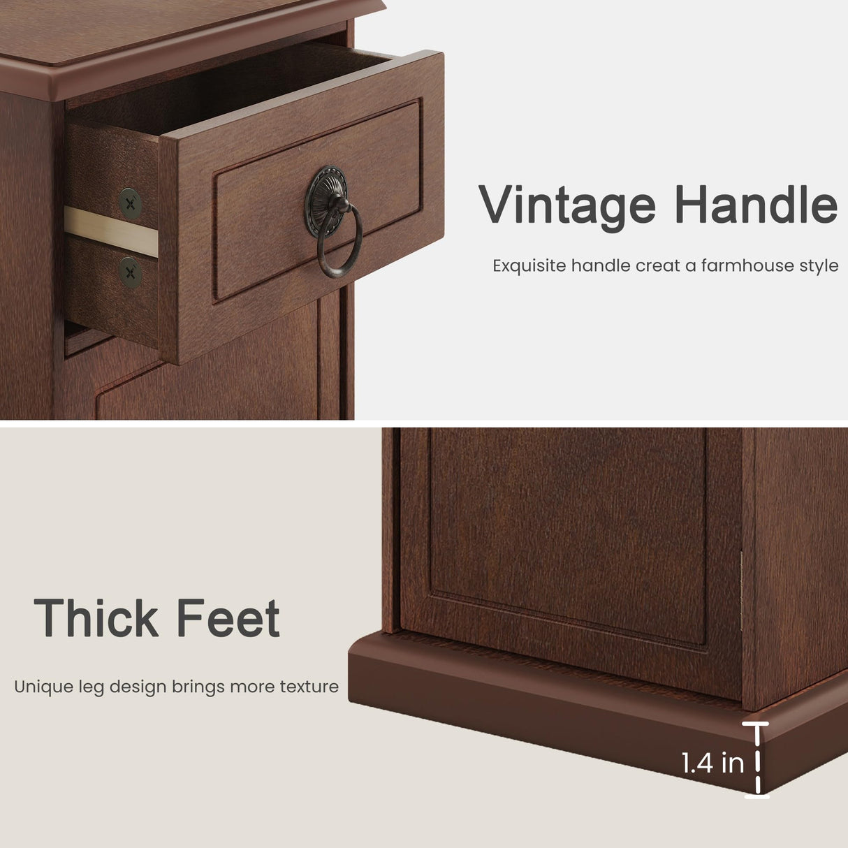 ChooChoo Farmhouse XXL End Table with Charging Station,Narrow Sofa Side Table with Adjustale Shelf, 3 Tier Rustic Night Stand for Small Place Living Room, Cherry Brown ChooChoo