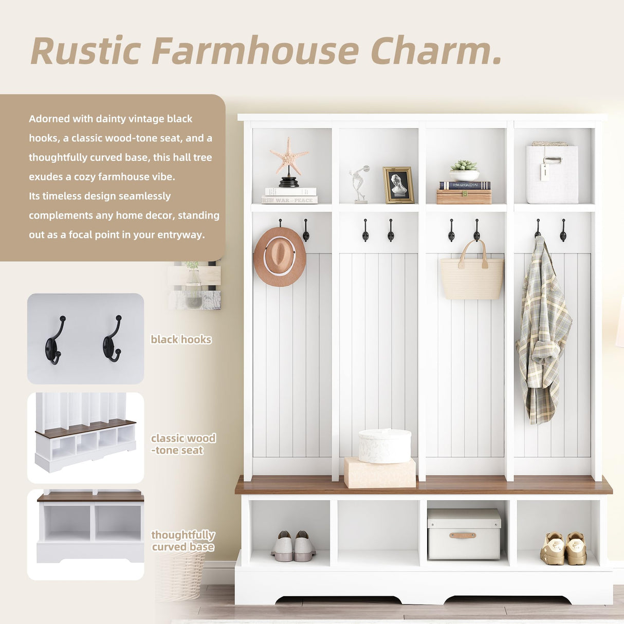 Merax 59" W Hall Tree,Farmhouse Entryway Storage and Wood Coat Rack, Entryway Furniture with 8 Hooks, Hall Tree with Bench and Shoe Storage, Rustic White Merax