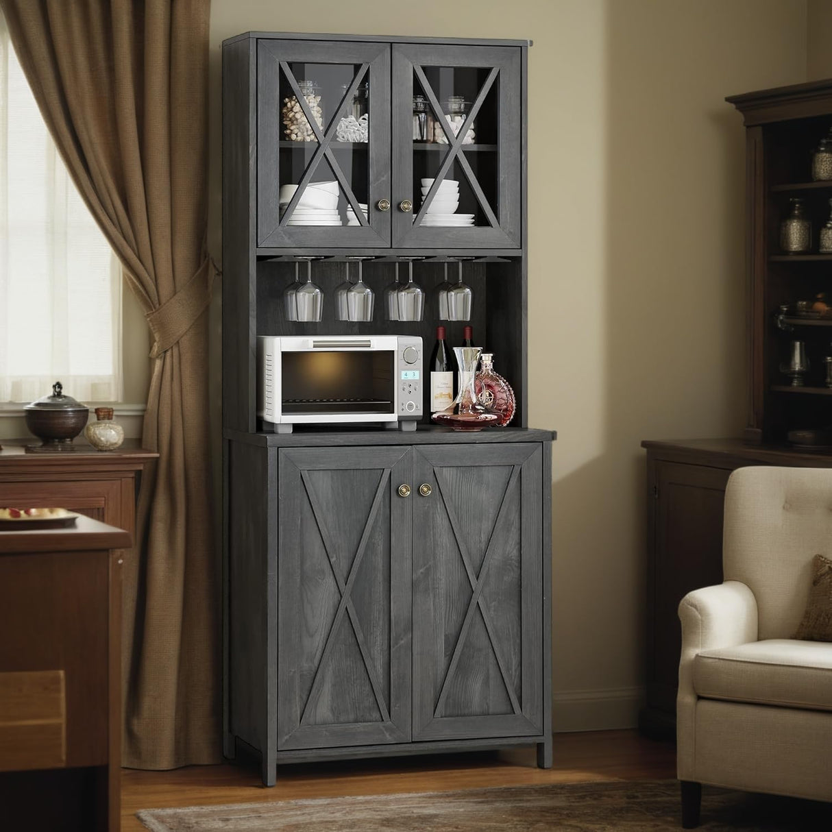 DWVO Farmhouse Kitchen Pantry Cabinet, 67" Tall Storage Cabinet w/Acrylic Glass Doors and Glass Holder, Versatile Storage for Living Room, Dining Room or Hallway, Charcoal Grey DWVO