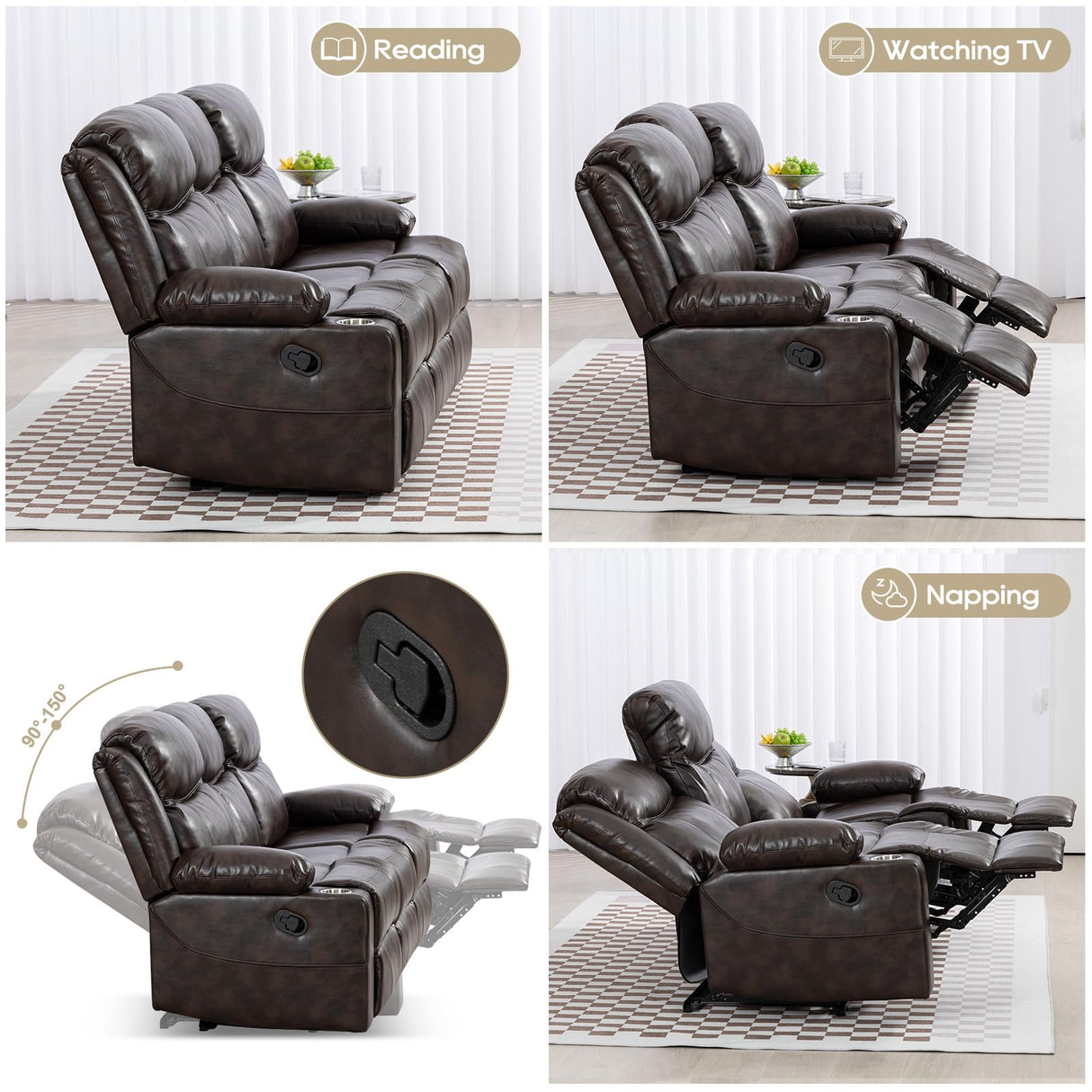PALLOME Manual Reclining Sofa - 3 Seat Recliner Sofa with Heat & Massage Function, Wall-Hugger Reclining Sofa for Living Room (Brown) PALLOME