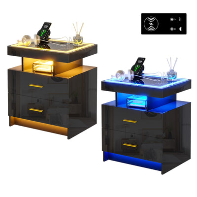 HNEBC Auto LED Nightstand Set of 2, Black Night Stand with Charging Station & USB Ports, High Gloss Bedside Table has 2 Drawers,Modern End Side Table for Bedroom (Black)