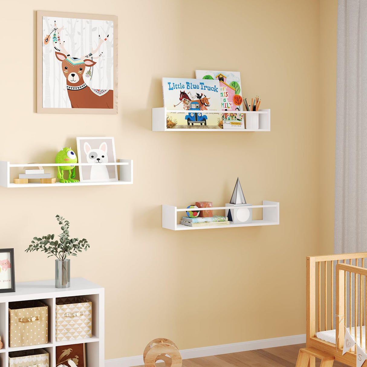 Fixwal Wood Nursery Book Shelves, 16.5 Inch Floating Bookshelves for Wall Set of 3, Baby Kids Decor, Solid Wood Wall Mounted Shelves for Books, Toys and Decor Storage (White) Fixwal