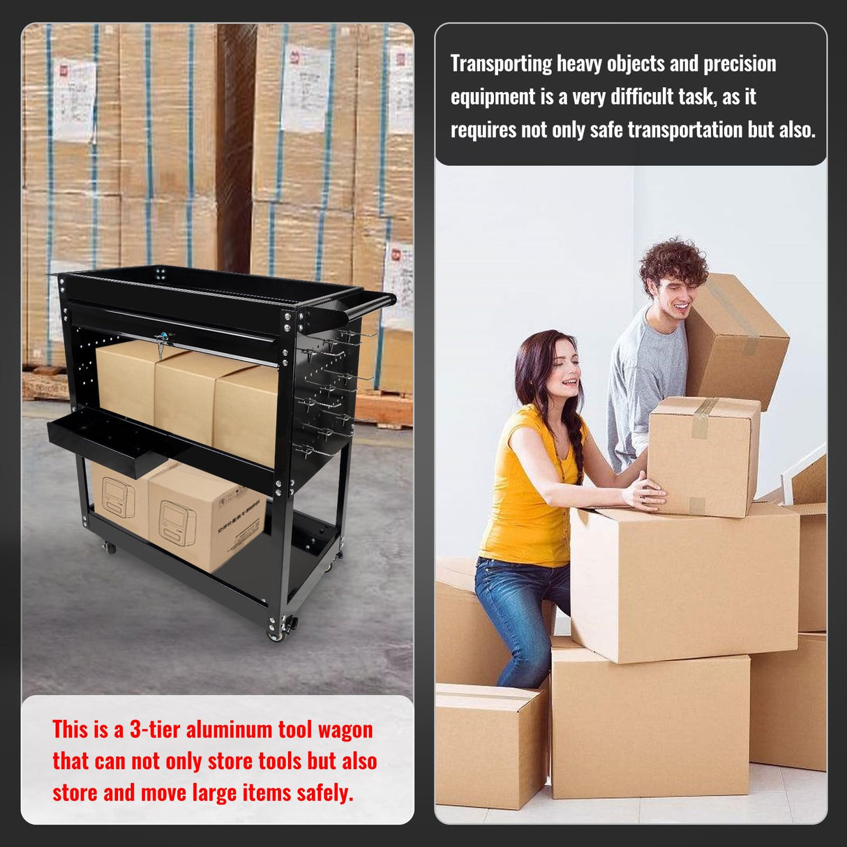 BHB 3 Tier Rolling Tool Cart Box On Wheels with Lockable Drawer, Heavy Duty Capability Tool Cart for Mechanics, Large Storage Organizer Utility Cart, for Garage Warehouse Repair Shop, 350 Lbs Load BHB