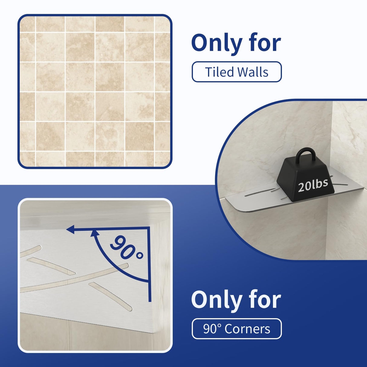 Bernkot Corner Shower Shelf 12" Brushed 304 Stainless Steel Quadrilateral Corner Shelves Recessed Bathroom Storage Shampoo Holder Organizer Kitchen Shelf Rack 2 Pack, No Drilling Needed Bernkot