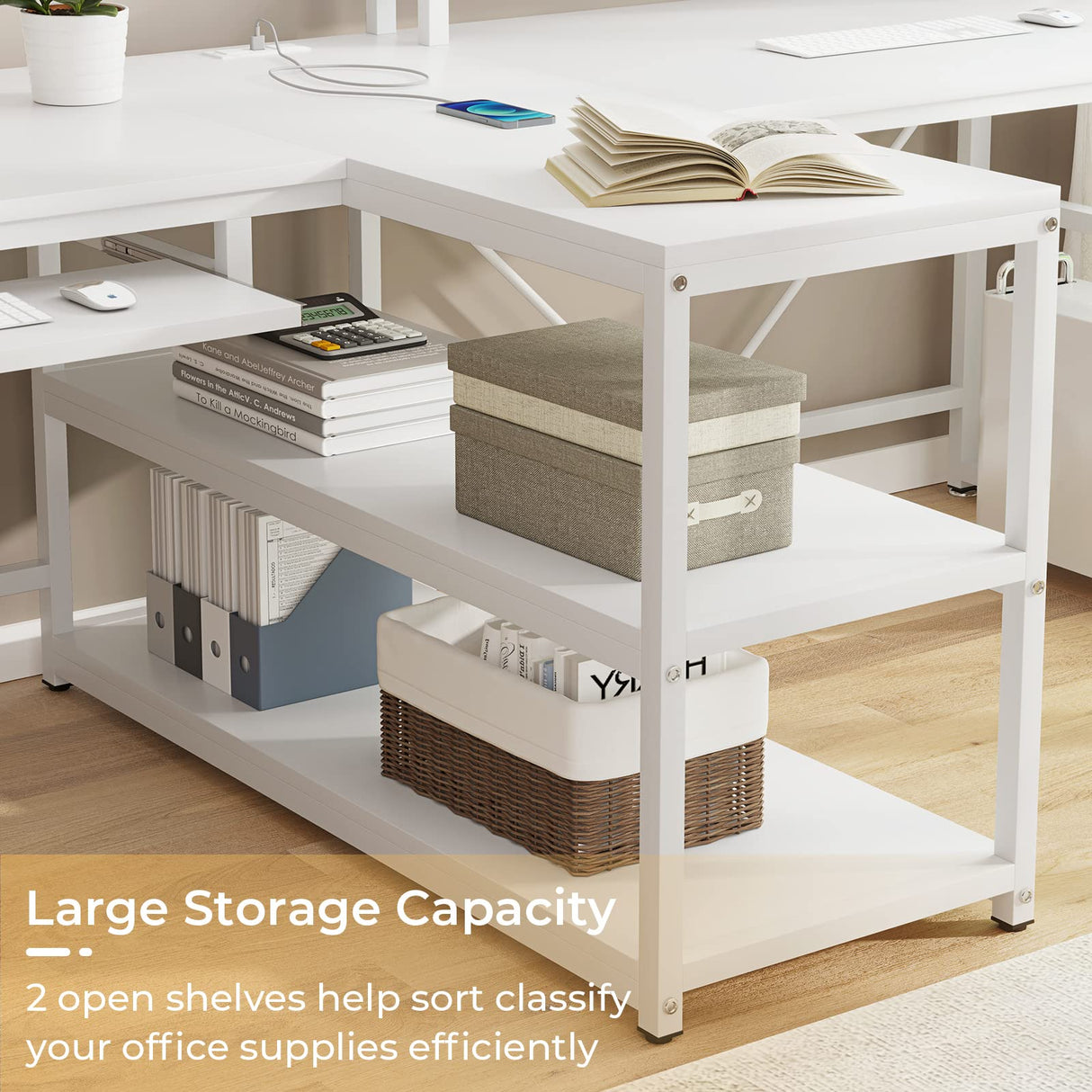 SEDETA 94.5" White Computer Desk, Two Person Gaming Desk with LED Light, Keyboard Tray, Power Strip with USB, Monitor Shelf & Storage, Extra Long Double Desk for Home Office, White. SEDETA