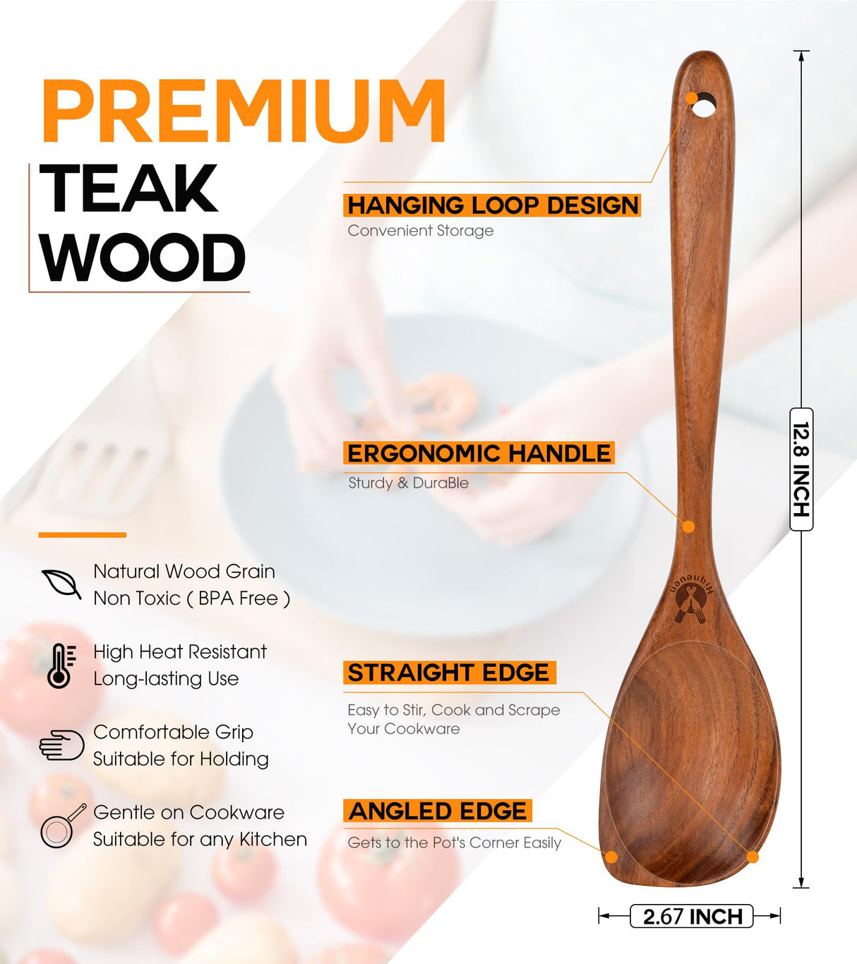 Wooden Spoons for Cooking, Natural Premium Teak Wood Corner Spoon, Good Grip Large Wooden Spoons and Wooden Spatula, Heat Resistant Wooden Cooking Utensils for Nonstick Cookware Cooking Gifts ICSTI