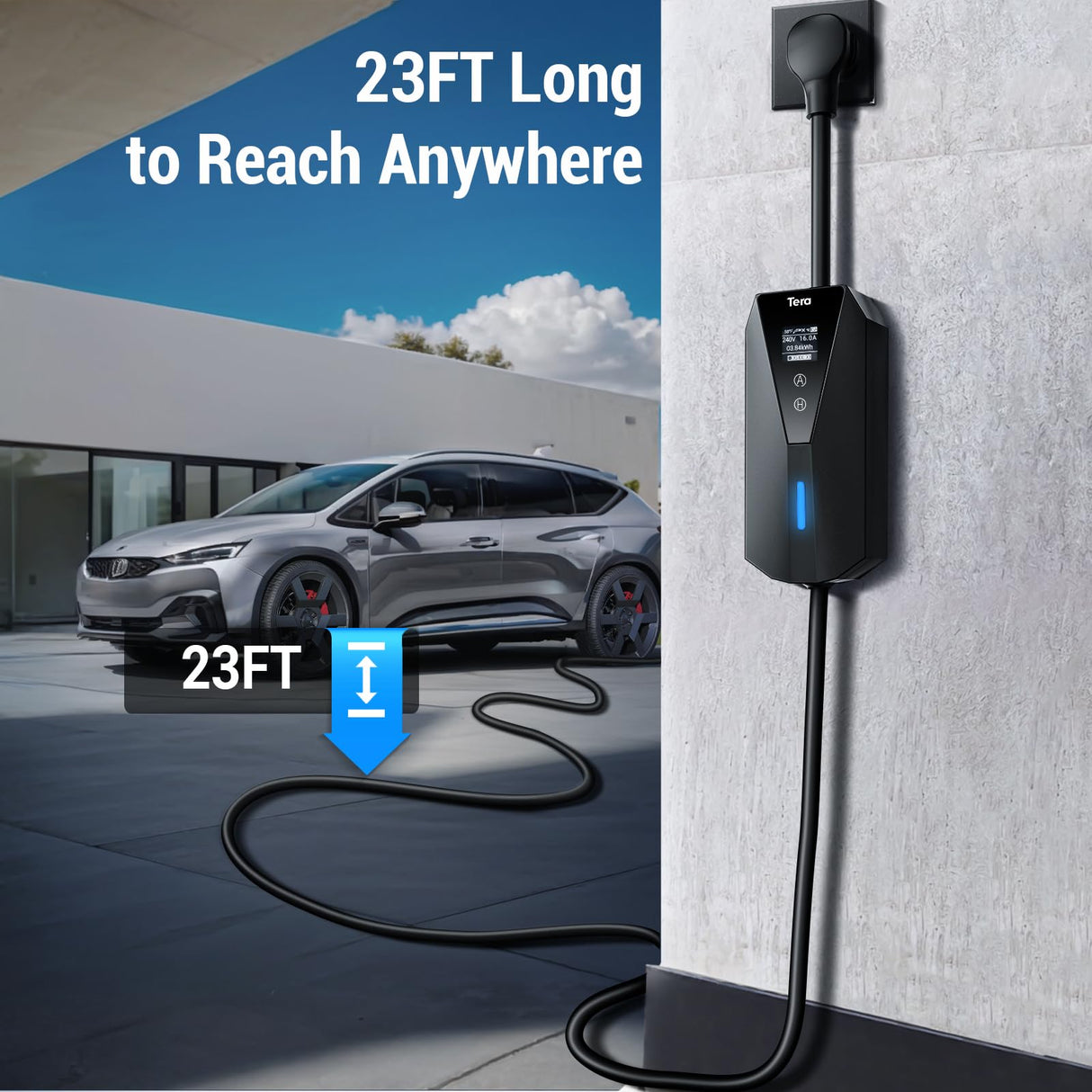 Tera Electric Vehicle Charger Portable: Level 2 & 1 J1772 16A 8A 110V 240V ETL NEMA 14-50 Plug Indoor & Outdoor EV Charging Station with NEMA 5-15 Adapter Cord 23FT Cable P02 Tera