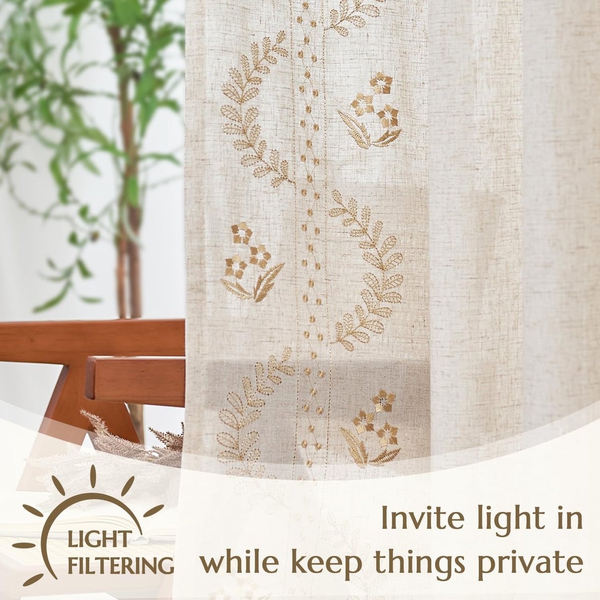 jinchan Linen Curtains for Bedroom Floral Curtains 108 Inch Length Linen Blend Beige Embroidered Drapes Farmhouse Flower Patterned Drapes for Living Room Window Treatments Set 2 Panels jinchan