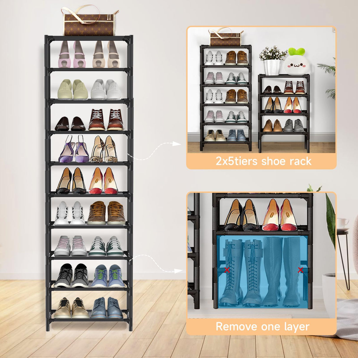 esonstyle 10 Tiers Vertical Shoe Rack Up to 20-25 Pairs, Sturdy Metal Narrow Shoe Rack Shoe Shelf, Space-Saving Tall Shoe Rack for Closet,Bedroom Hallway Garage Living Room esonstyle