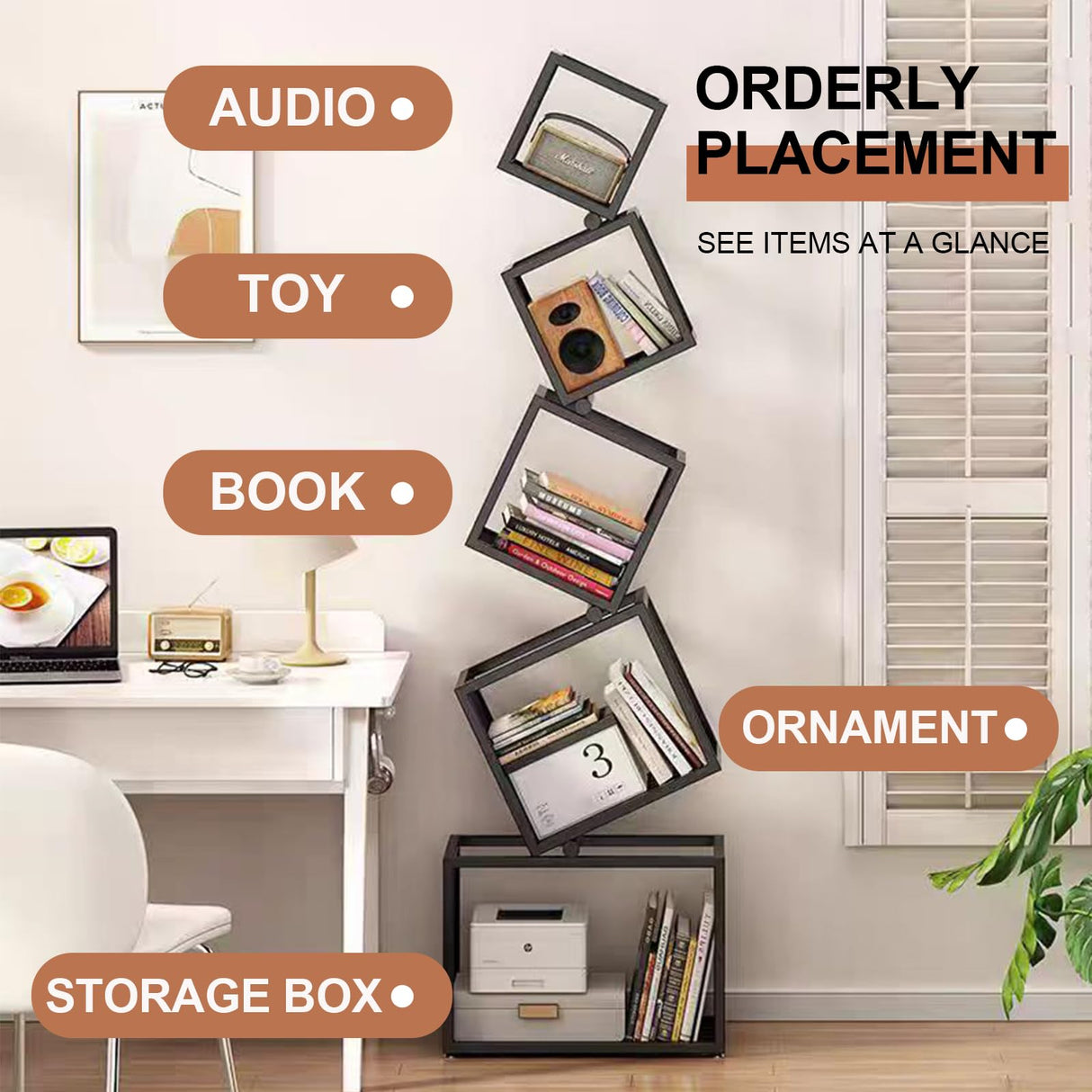 TDDFLO Geometric Bookshelf, 5-Tier Metal Unique Bookcase Modern Bookcase, Corner Bookshelf for CDs/Books/Home Decor -Black TDDFLO