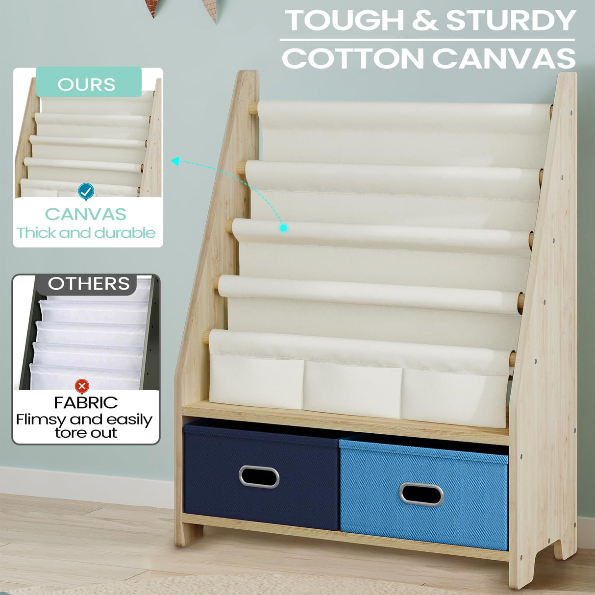 EXPERLAM 4 Tier Kids Book Shelf, Wooden Kids Book Rack Storage Bookshelf with Toy Storage Organizer, Toddler Sling Bookshelf for Boys, Girls, Kids Room, Blue EXPERLAM