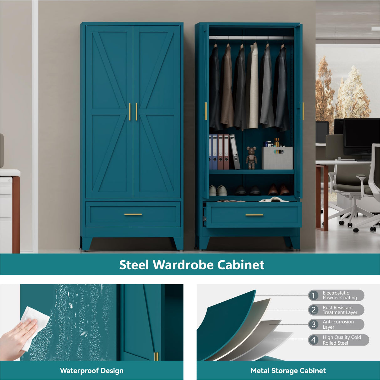 Blue Metal Wardrobe Cabinet for Bedroom, 71" Tall Freestanding Closet System with Drawer and Shelf, Hanging Rod Clothing Organizer with Two Doors, Farmhouse Steel Wardrobe Bedroom Armoires Bevivog