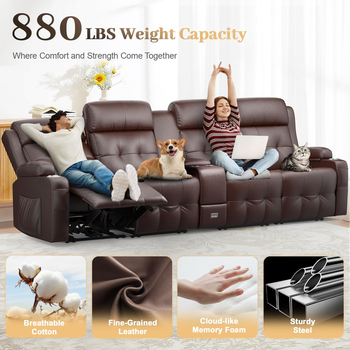 Recliner Sofa, 4 Seater Massage Reclining Loveseat Sofa Sets, 2 Single Power Recliner Chairs Heat & Massage, Heavy Weight Capacity, RV Clearance Love Seat Couch with Console, USB, Type C Port Aotolo
