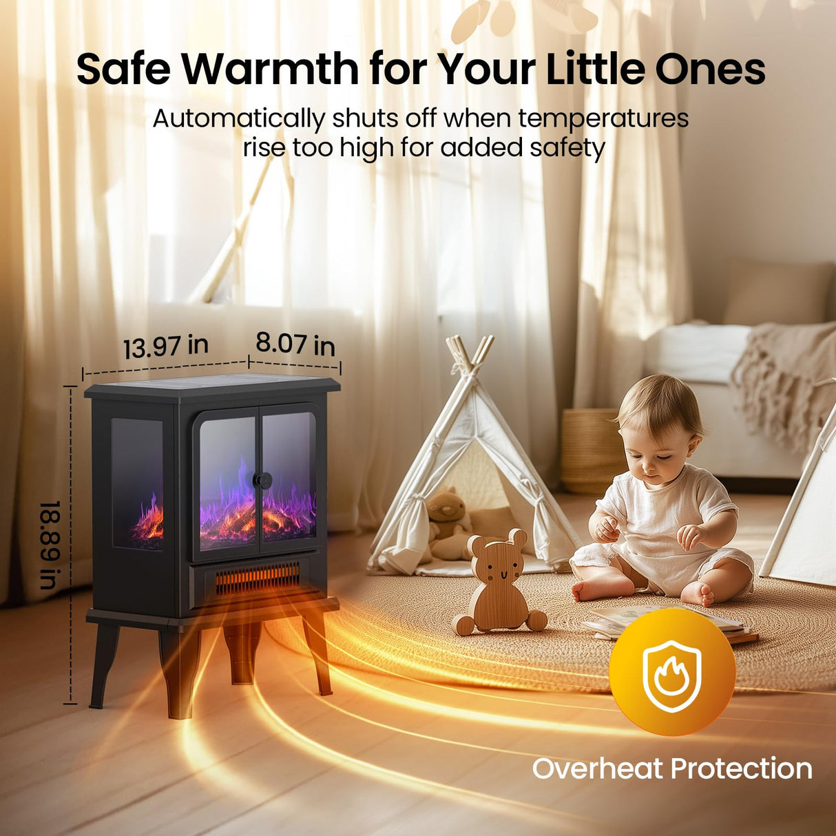 Air Choice Electric Fireplace Heater, 18.9" FreeStanding Fireplace Stove with 3D Flame, 750W/1500W Indoor Space Heater with Overheating Protection, Electric Heating for Living Room, Bedroom Air Choice