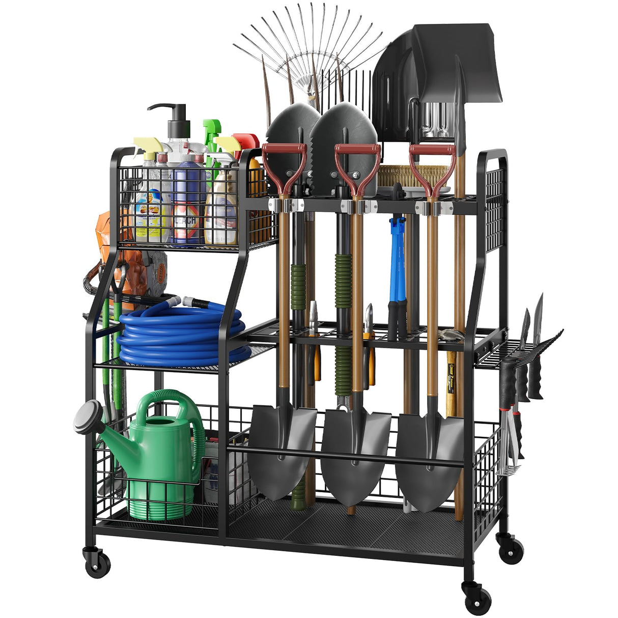 keomaisyto Garden Tool Organizer with Heavy Duty Wheels for Garage - with 2 Baskets, Large Yard Tool Organizer and Storage Holder, Utility Garden Tool Rack for/Shed/Garage/Yard/Basement/Lawn keomaisyto
