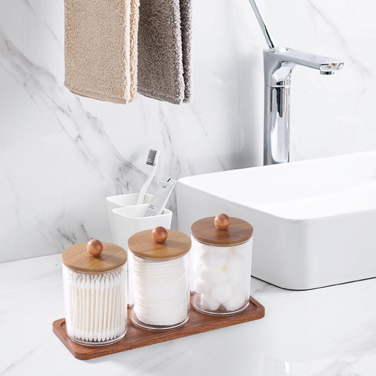 Tbestmax Qtip Holder with Vanity Tray, Clear Bathroom Containers Dispenser for Storage Cotton Swab/Ball/Pad Holder Wood Lids Tbestmax