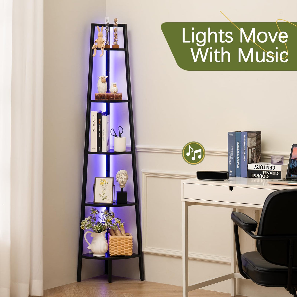 Yoobure Corner Shelf Stand, 5-Tier Bookshelf with LED Lights & Steel Frame, Tall Storage Shelves for Living Room, Bedroom, Office, Multi-Purpose Display Bookcase Yoobure