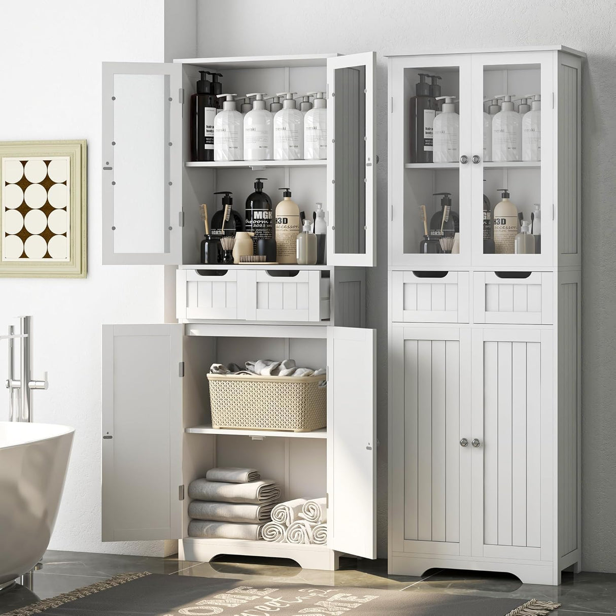 Betterhood 67" Tall Bathroom Storage Cabinet, Freestanding Linen Cabinet with Glass Doors and Shelves, Large Bathroom Pantry Cabinet with 2 Drawers for Living Room, Kitchen, Dining Room, Office, White Betterhood
