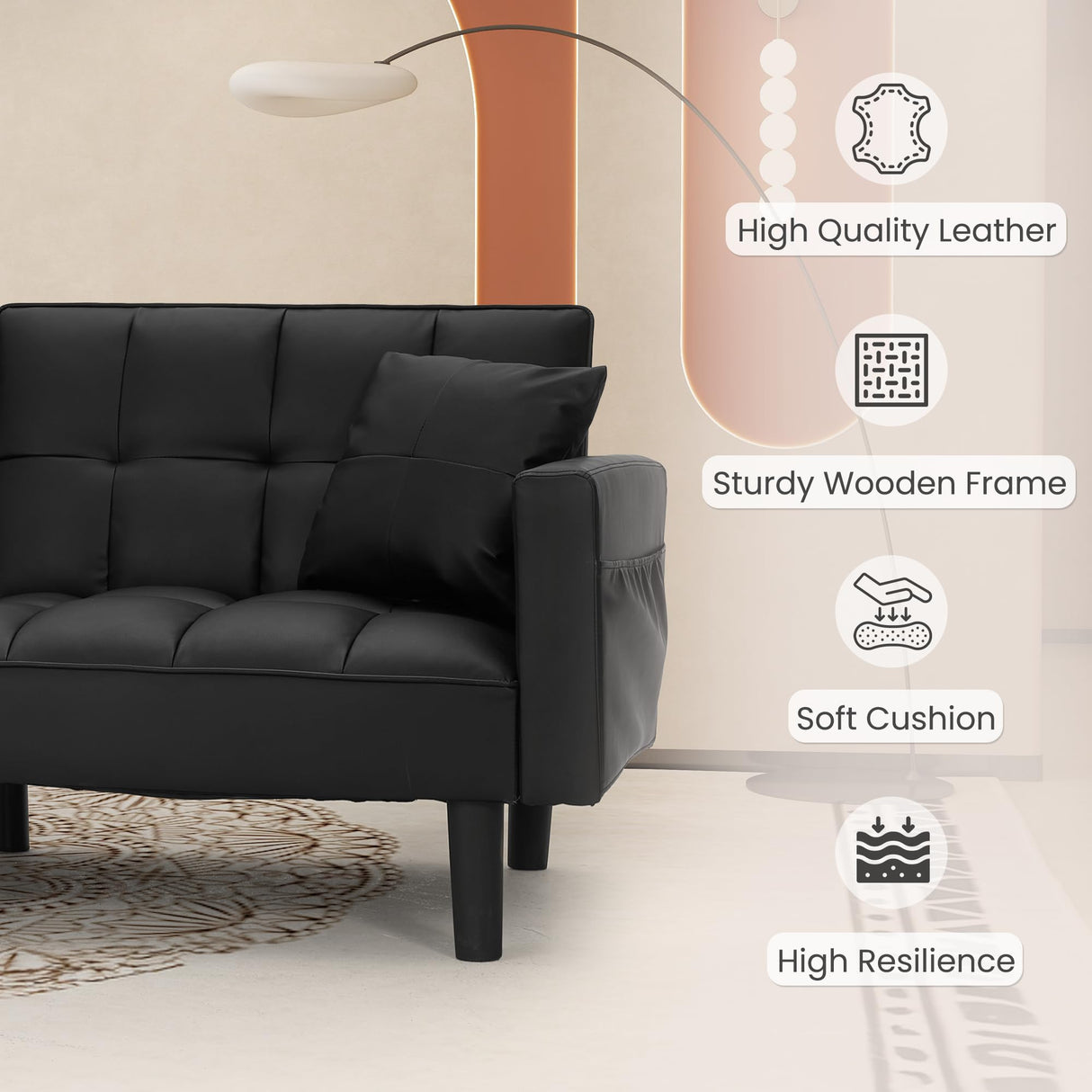 ECOTOUGE Faux Leather Futon Couch, Convertible Sofa Bed with Adjustable Back, Modern Sleeper Sofa for Living Room, Black ECOTOUGE