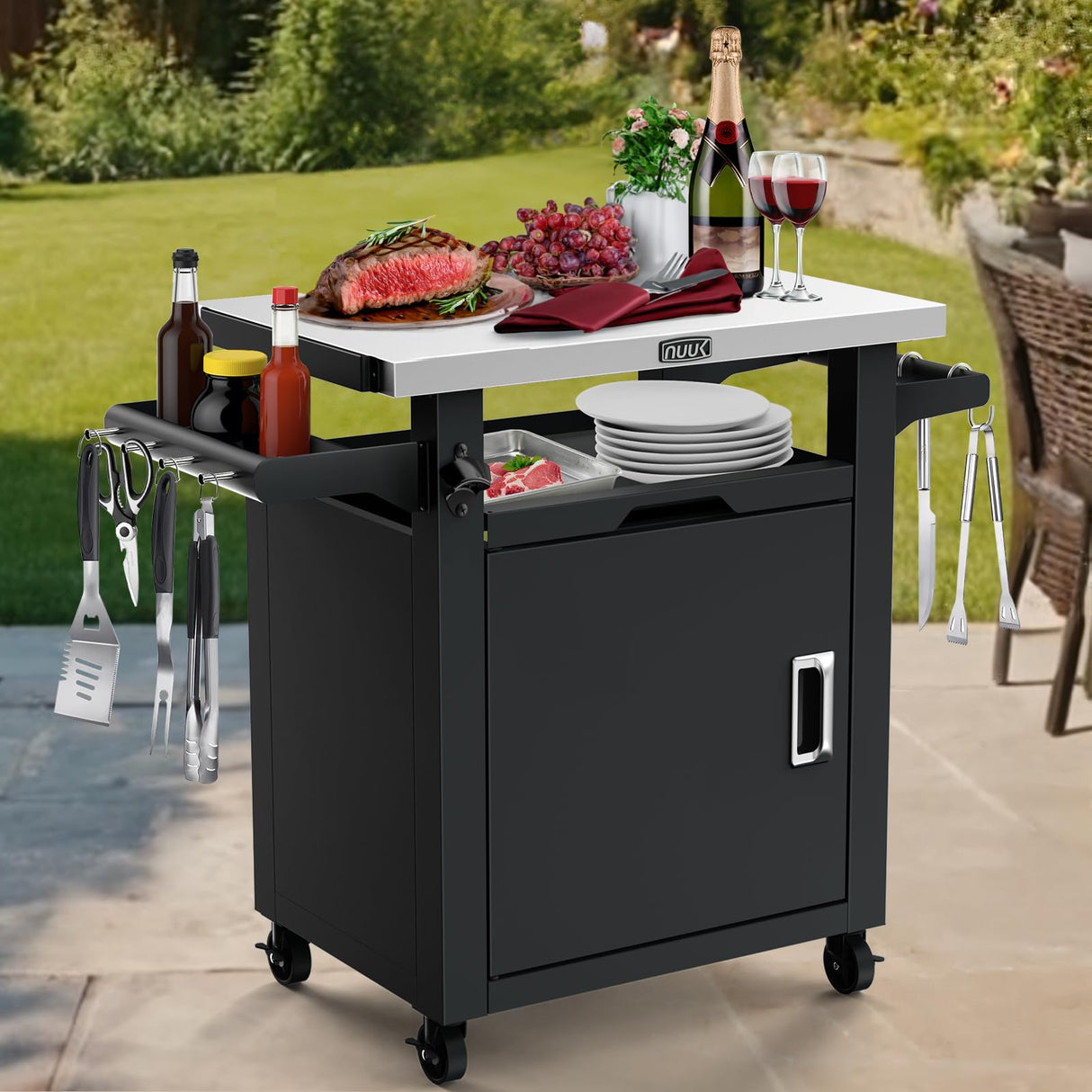 NUUK Grill Carts Outdoor with Enclosed Cabinet and Storage Drawer, Portable Patio Bar Cart with Wheels Stainless Steel Kitchen Storage Island 20" x 30" Rolling Prep Station for BBQ, Deck, Backyard NUUK