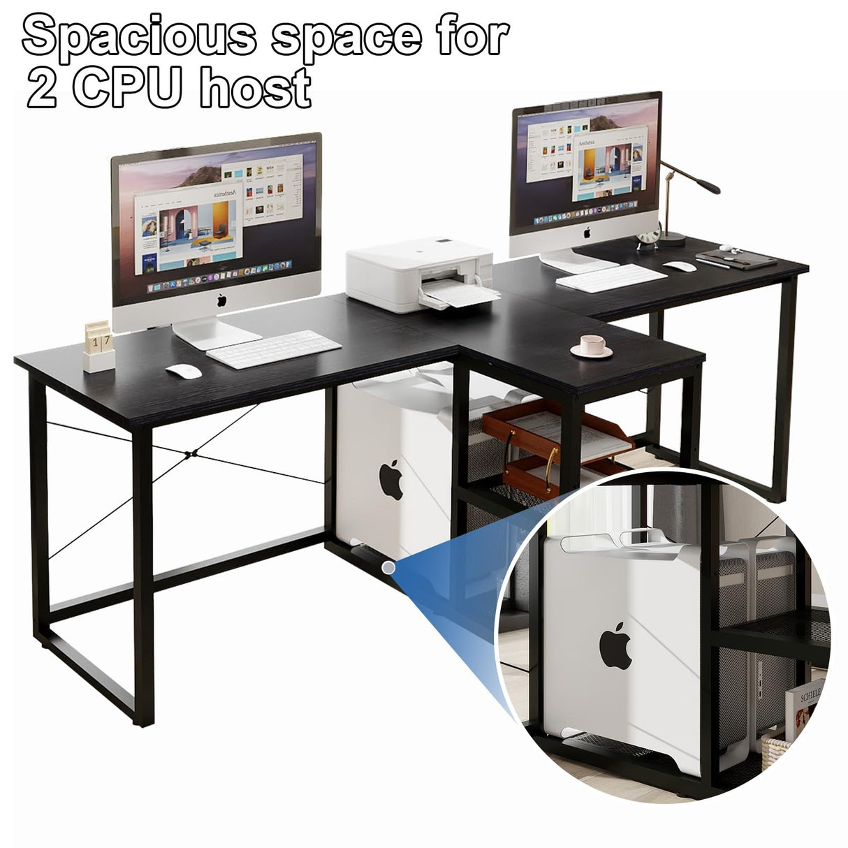 Natwind Two Person Desk with Storage Shelves, 92.5" Double Computer Desk with PC case Stand for Home Office, Home Craft Table Workstation, Heat Press Table, Long Gaming Desk,Black Natwind
