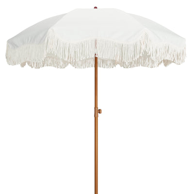 AMMSUN Boho Fringe Umbrella Outdoor Patio, 6.5ft UPF50+ Picnic Umbrella with Tassels with Steel Pole and Push Button Tilt, Antique White