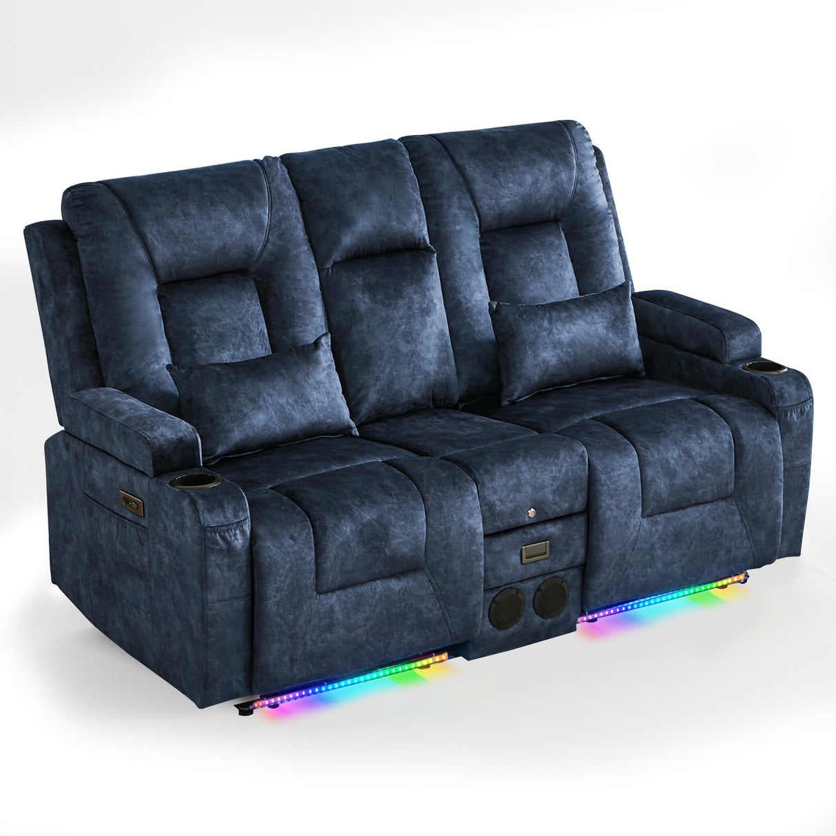 Houjud Power Reclining Loveseat Recliner Sofa with Console, Wall-Hugger RV Couch with USB Ports, Cup Holders, Bluetooth Speakers & Ambient Lighting for Home Theater or Camper, Velvet, Blue Houjud