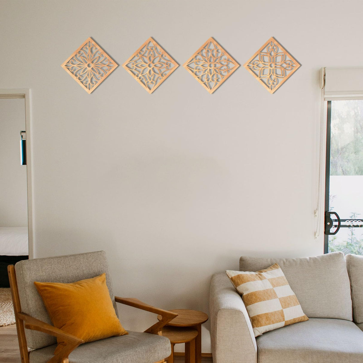 KOYILTD 4 Pieces Thicken Rustic Wall Decor,Flower Carved Wall Art,Wooden Hollow Carved Design (Square, 8.2in) KOYILTD