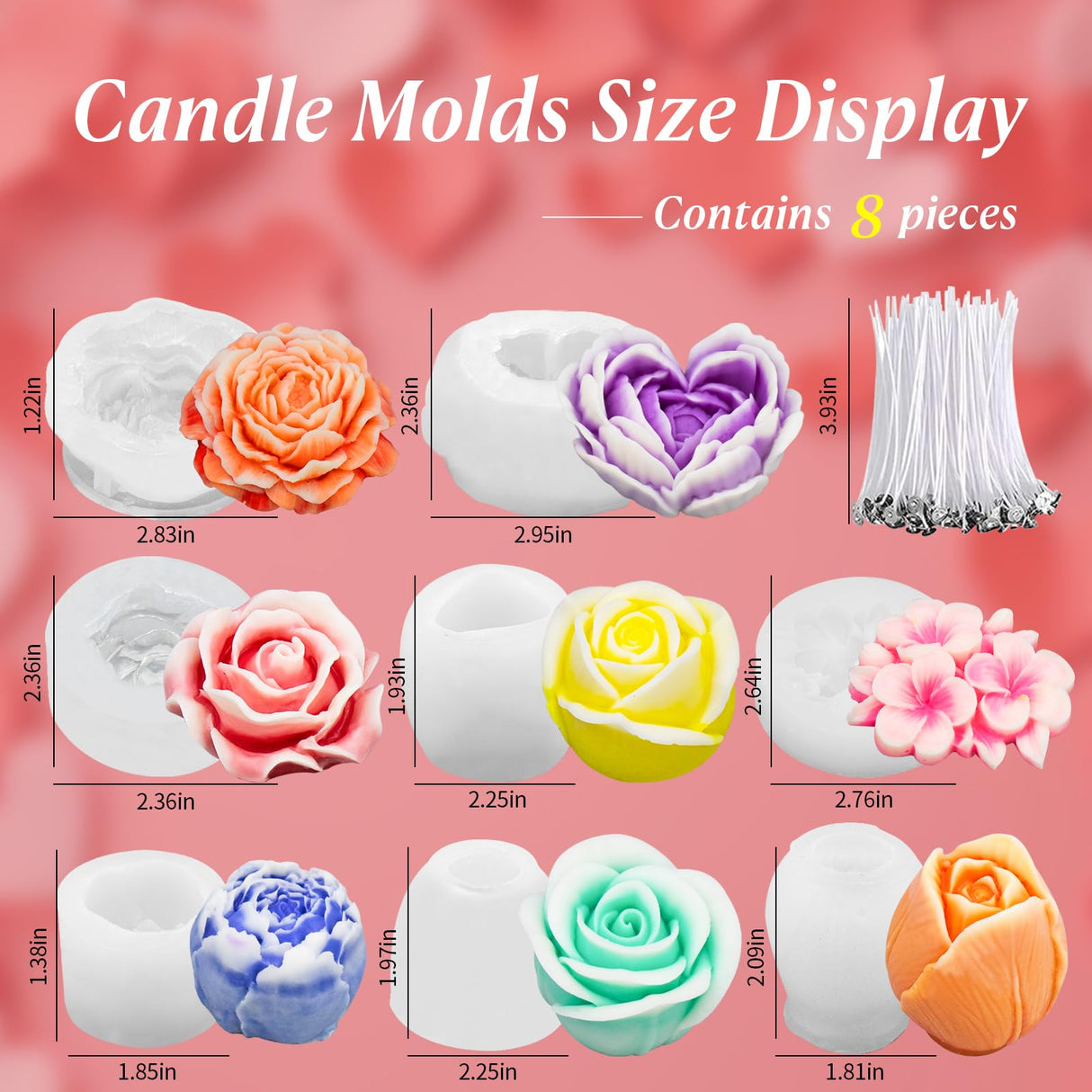 MGLIFEUL 8Pcs Rose Flower Tulip Peony Heart Candle Soap Wax Mold Valentine Day Silicone for Small Butter Candles Chocolate Making Molds Silicones Shapes Moldes De Rosas Silicona para Velas MGLIFEUL