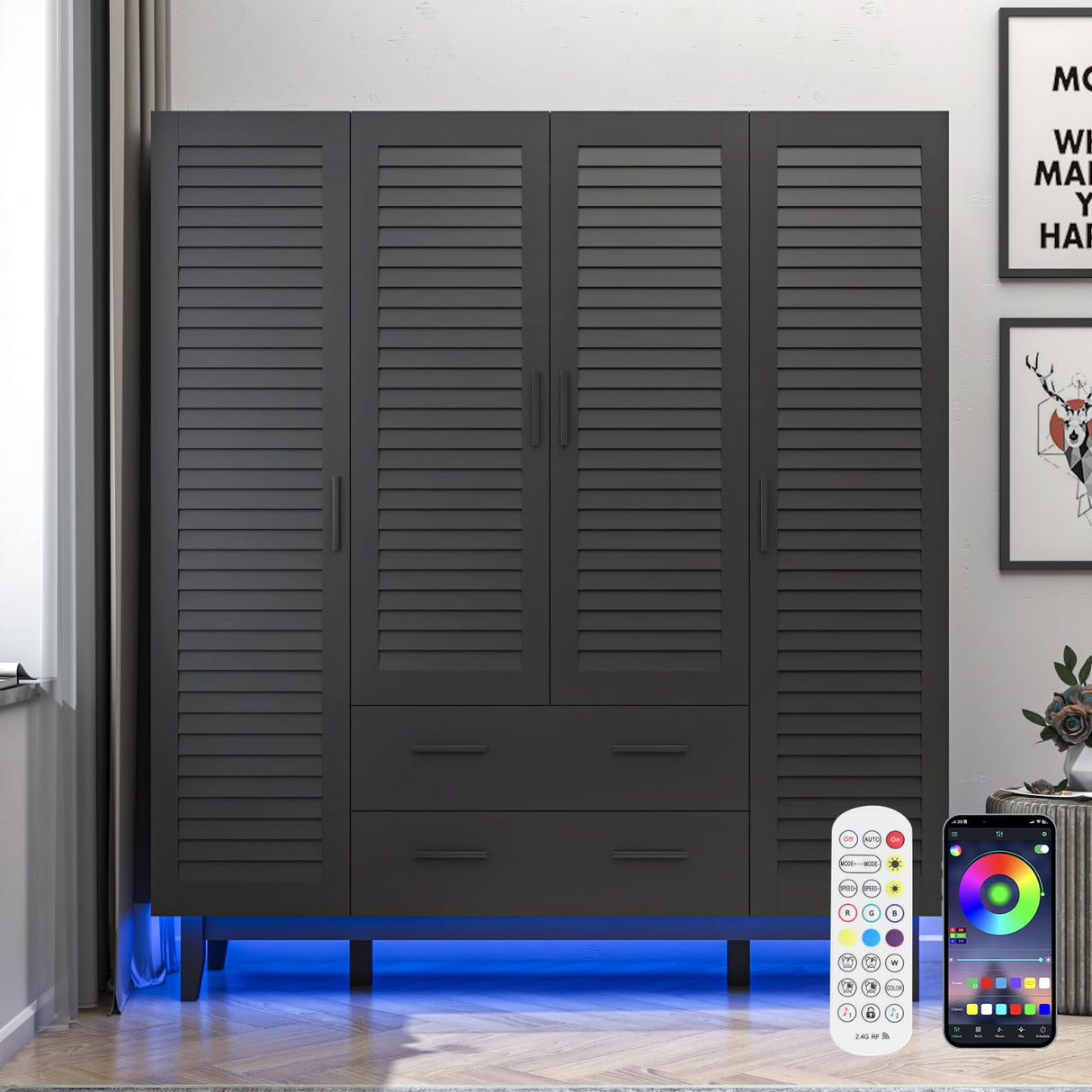 jiteentarou 4 Door Armoire Wardrobe Closet Cabinet with Drawers and LED Lights, Multi-Tier Shelves, Hanging Rod & Louver Doors, Large Capacity Storage Wardrobe Armoire for Bedroom(4 Doors Black) jiteentarou