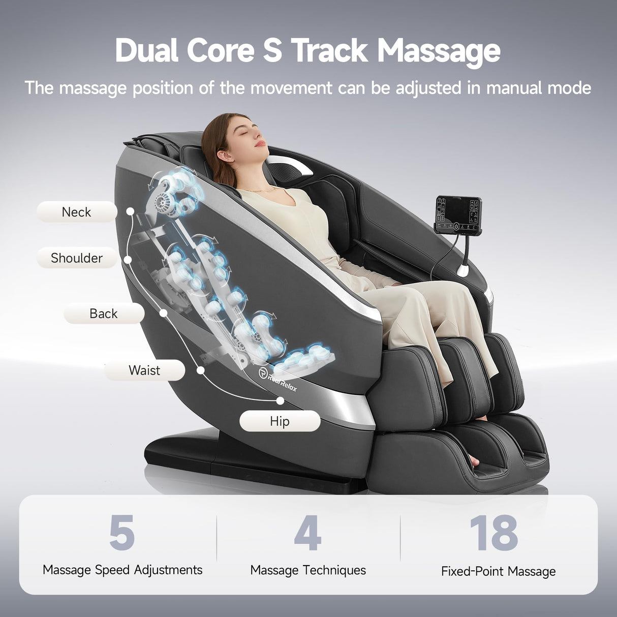 Real Relax Dual Core S Track Massage Chair,Full Body Recliner with Zero Gravity,Rocking Function,Back and Calf Heating,12 Auto Modes,Bluetooth,Foot Roller,Home or Office Use,Gray and Black Real Relax
