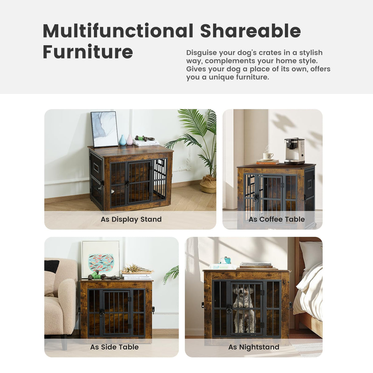 Gardner Pet Dog Crate Furniture for Medium Dogs, 32.7 Inch Dog Kennel Indoor, Wooden Dog Cage End Table with 2 Removable Bowls, Heavy Duty Dog Crate, Rustic Brown Gardner Pet