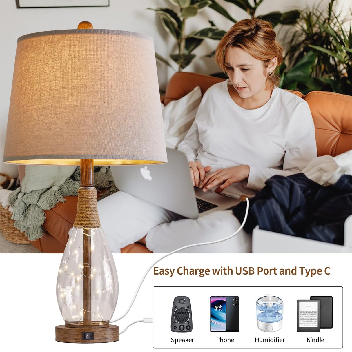 OYEARS 23" USB A+C Table Lamp Sets of 2 Modern Bedside Lamps Retro Farmhouse Rattan Glass Nightstand Nightlight Lamps for Bedroom Living Room Dorm OYEARS