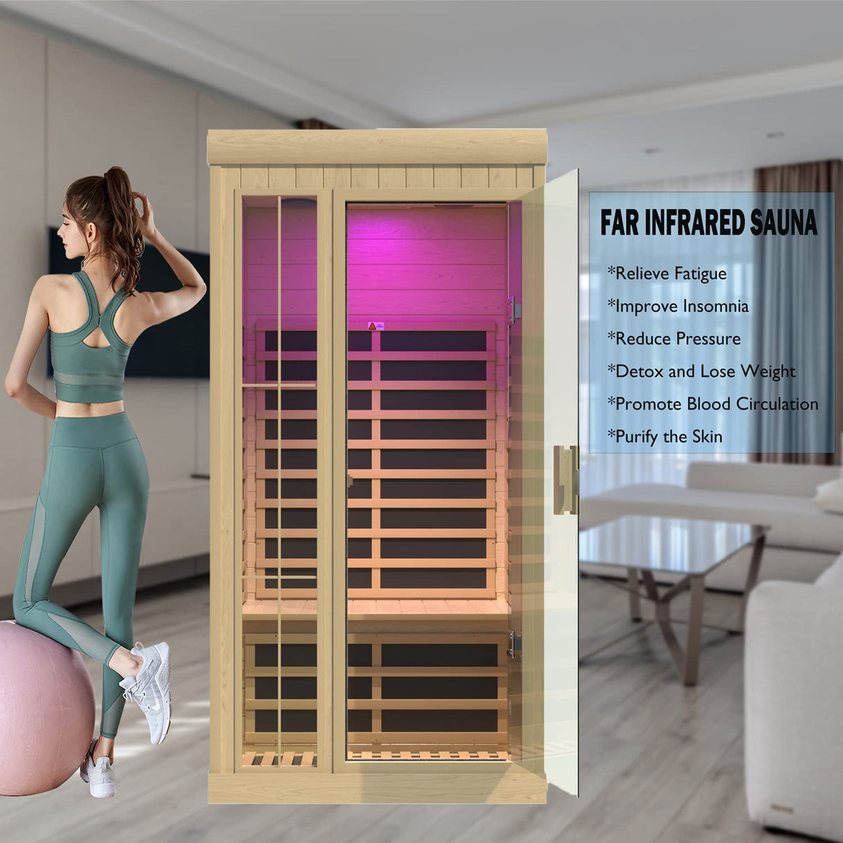 LTCCDSS Infrared Sauna, 1-2 Person Far Infrared Sauna for Home, with 1350W, APP Control Panel, 7 Low EMF Heaters, Bluetooth Speakers, 1 LED Reading Lamp and 2 Color Lights Hemlock Wood Sauna Room LTCCDSS