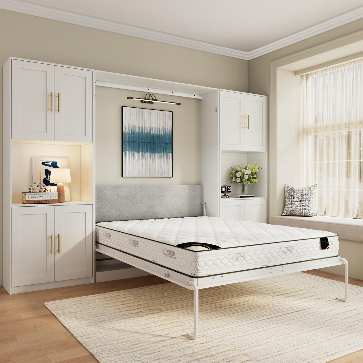 Farmhouse Murphy Bed Queen, 85" Wall Bed Folds to Save Space, Concealed Bed Frame with 2 Storage Cabinets and Wall Mounted Features for Apartment/Office/Guest Room Bobve